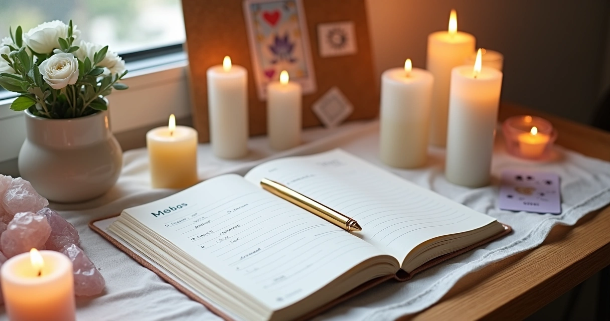 Altar temático com velas, cristais e planner aberto para metas do mês
