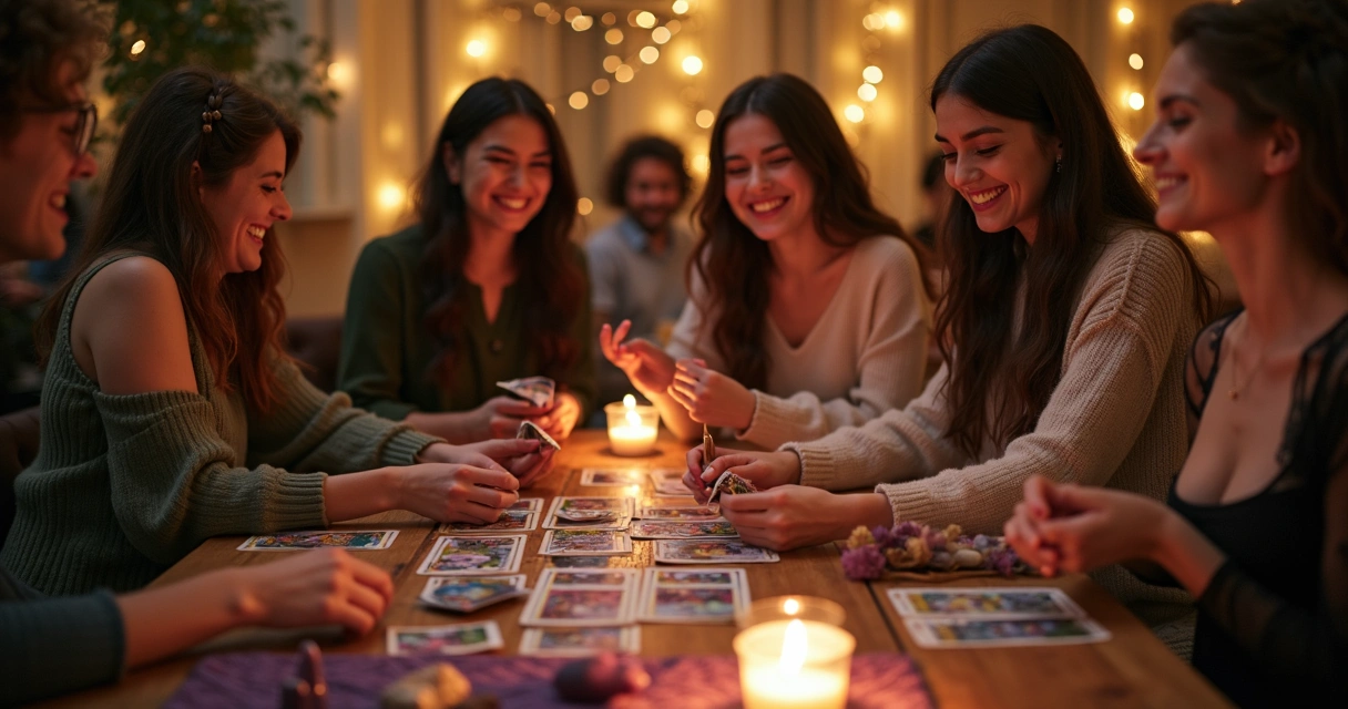 Grupo de amigas em roda fazendo tiragem de tarot em uma festa intimista