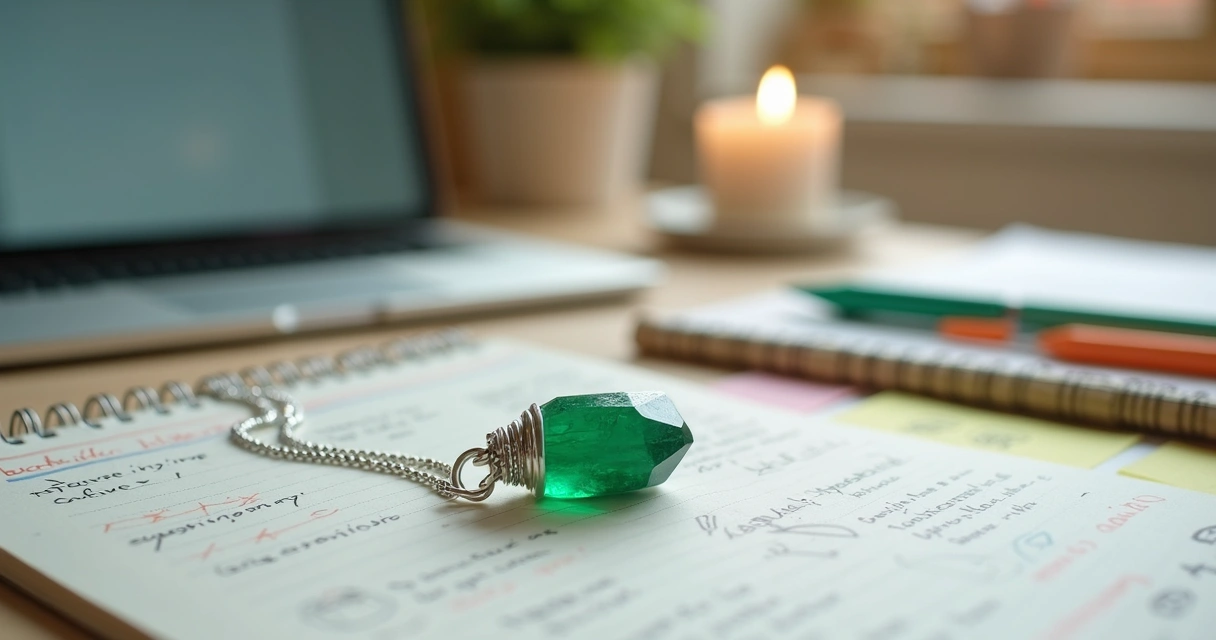 Amuleto de aventurina verde sobre caderno de estudos com materiais criativos ao redor