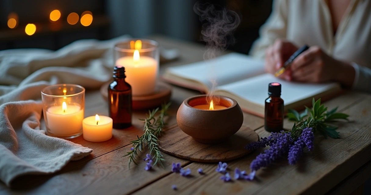 Mesa com óleos essenciais, velas acesas e ervas secas em ritual de aromaterapia noturna