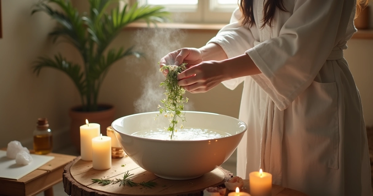 Mulher preparando banho energético com ervas em uma bacia com água e velas acesas ao redor