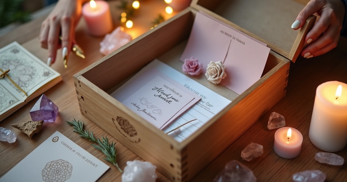 Caixa de intenção decorada com cristais, velas e bilhetes de sonhos