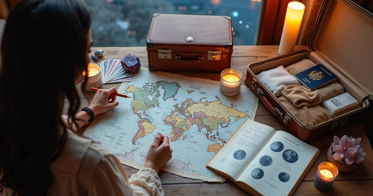 Mulher consulta calendário lunar ao planejar viagem espiritual com mala e mapas