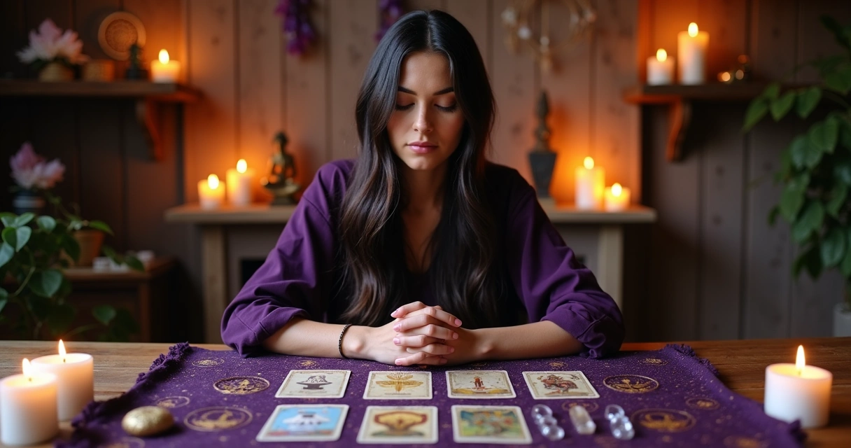 Mulher frente a cartas de tarot e oráculos pedindo sinais claros em ambiente místico iluminado por velas