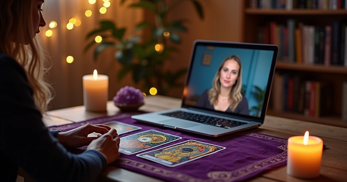 Mulher consultando tarot online em mesa com cartas e notebook aceso