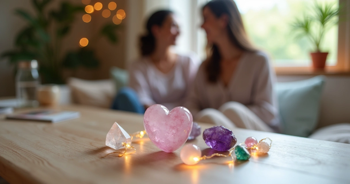 Cristais coloridos sobre mesa de madeira com duas amigas rindo ao fundo