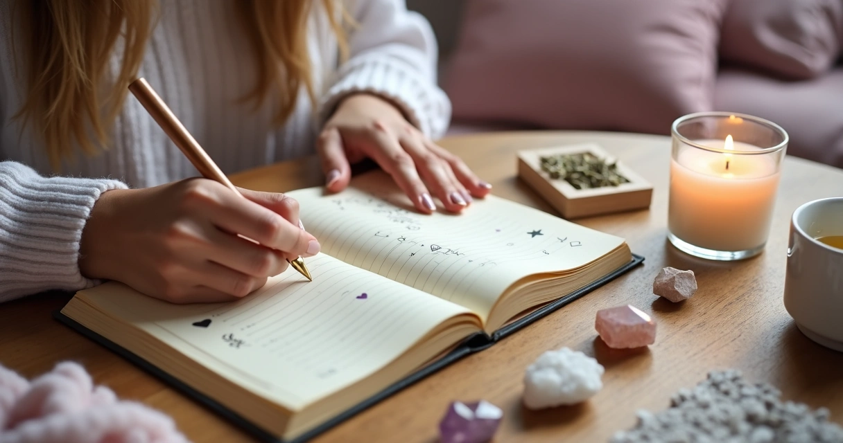 Mulher escrevendo em diário de emoções ao lado de vela e cristais