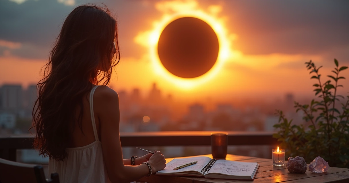 Mulher observando eclipse solar com caderno de novos projetos aberto
