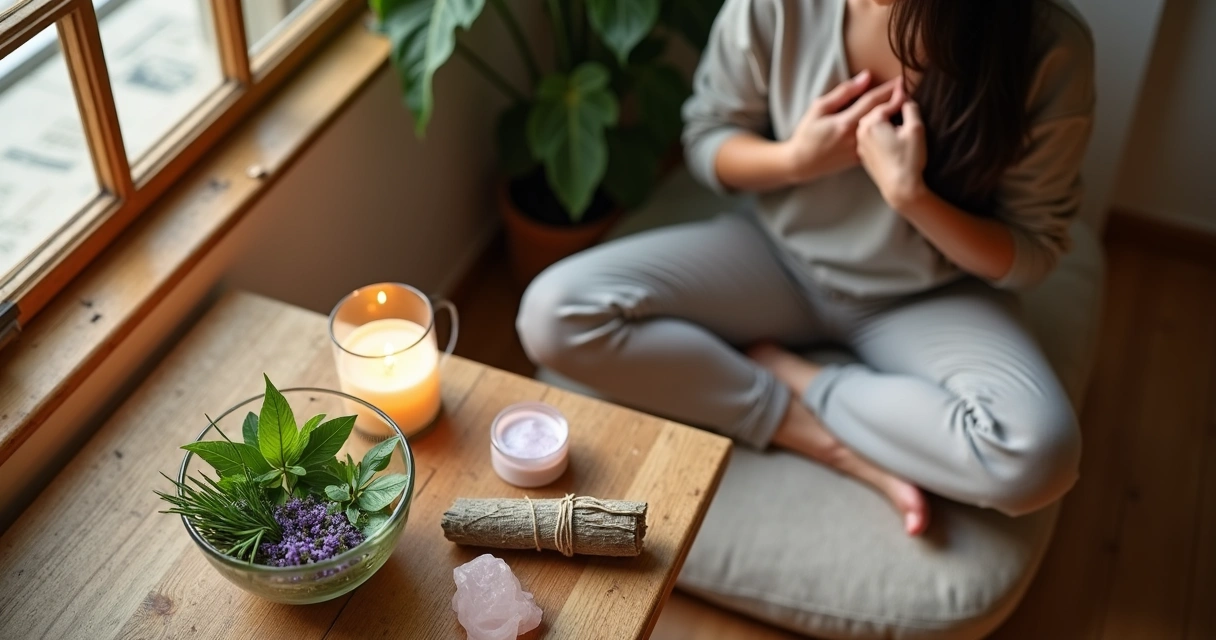 Mesa com ervas, vela e mulher meditando em clima de renovação espiritual