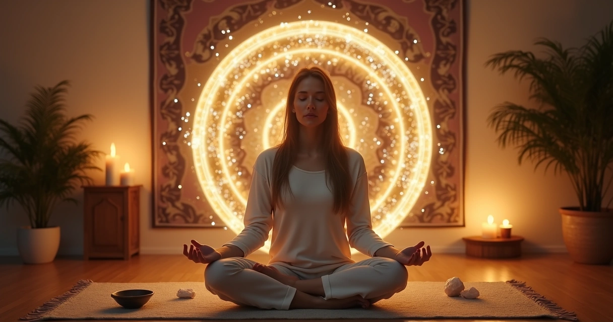 Mulher meditando envolta por escudo energético de luz dourada