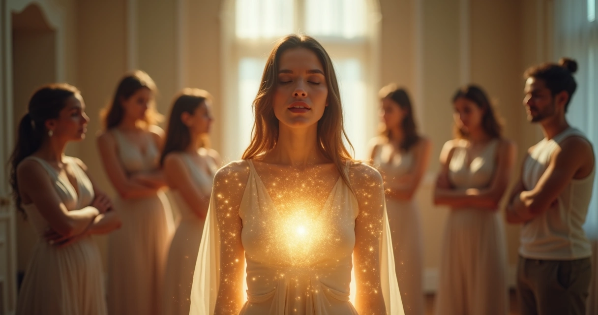 Mulher protegida por aura de luz cercada por grupo com olhares de inveja