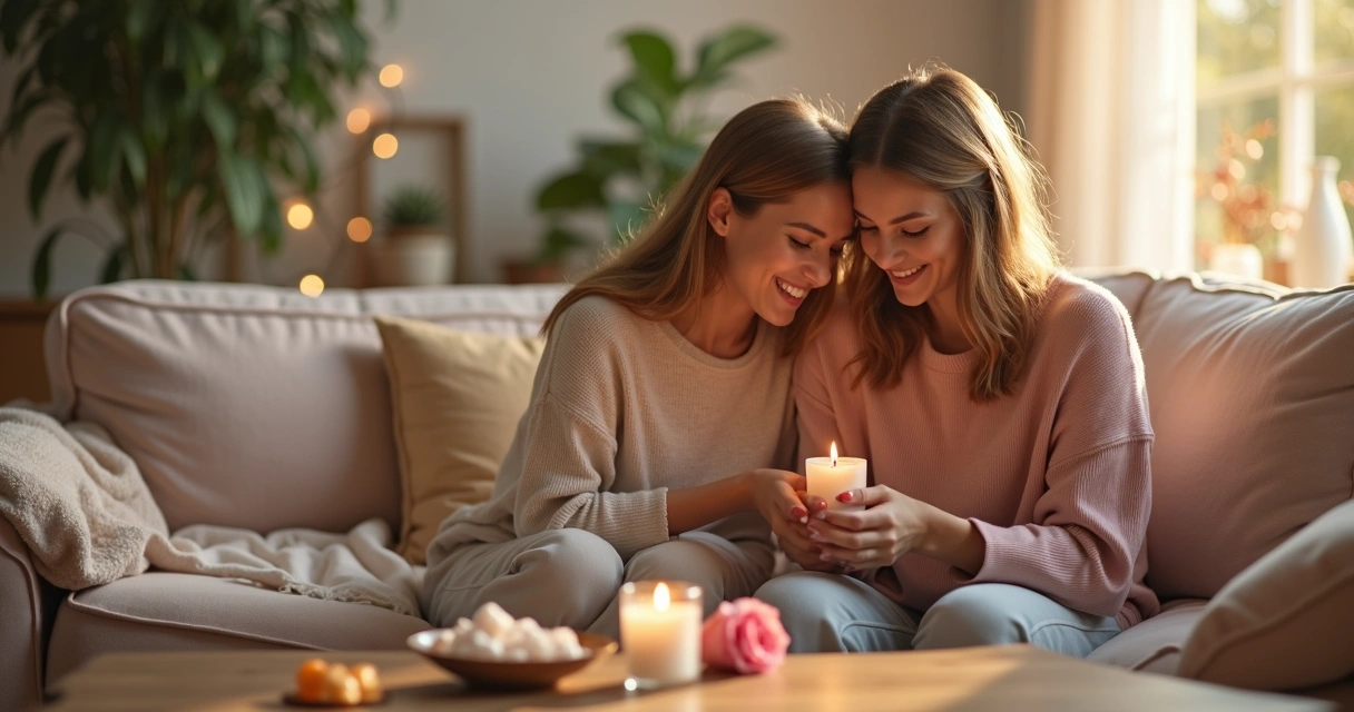 Duas irmãs adultas se abraçando com carinho em sala iluminada
