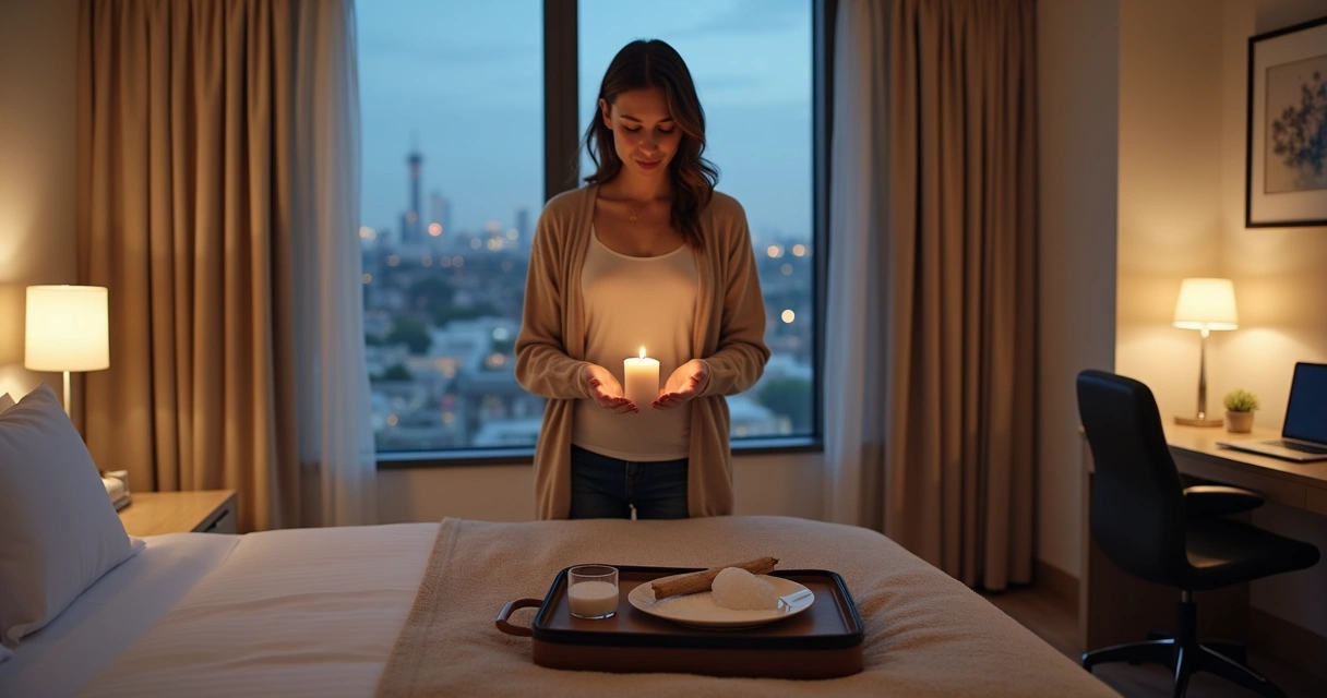 Mulher em quarto de hotel fazendo limpeza espiritual com mala aberta ao lado