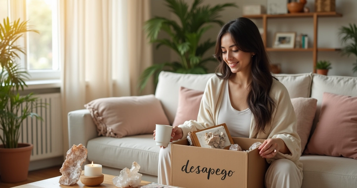 Mulher sorridente colocando objetos quebrados em caixa para descarte em sala iluminada