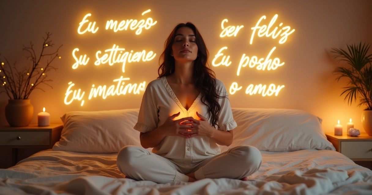 Mulher meditando em frente a frases positivas escritas em luz