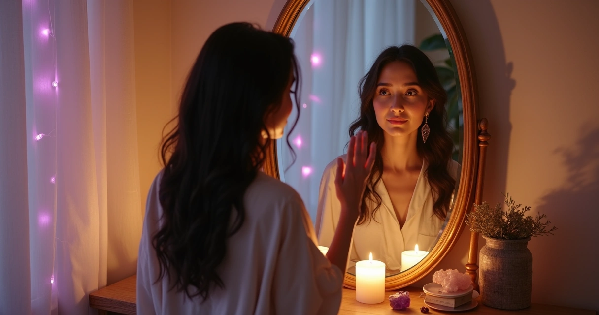 Mulher se olhando no espelho com elementos esotéricos ao redor