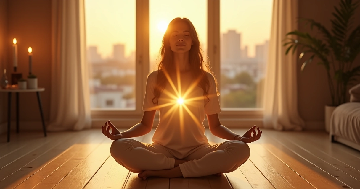Mulher meditando com luz dourada simbolizando coragem e força interior