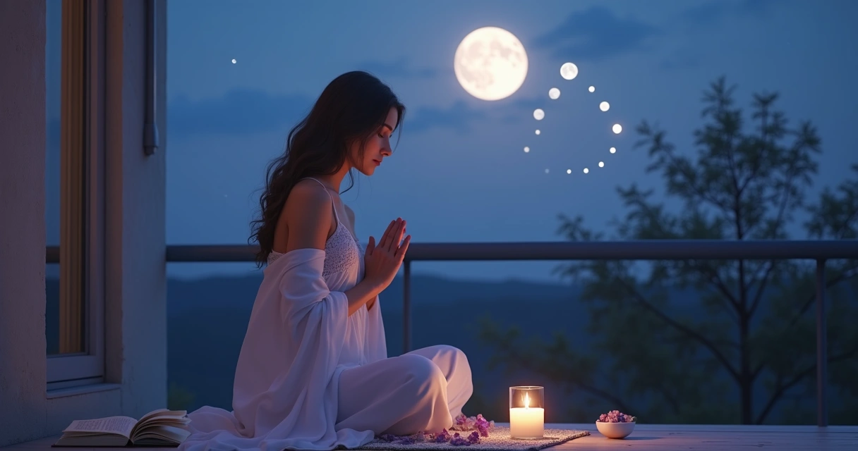 Mulher em oração sob a lua cheia com fases lunares ao fundo
