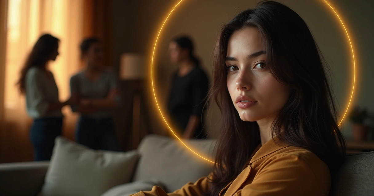 Mulher séria protegendo sua energia em meio a sombras ao fundo