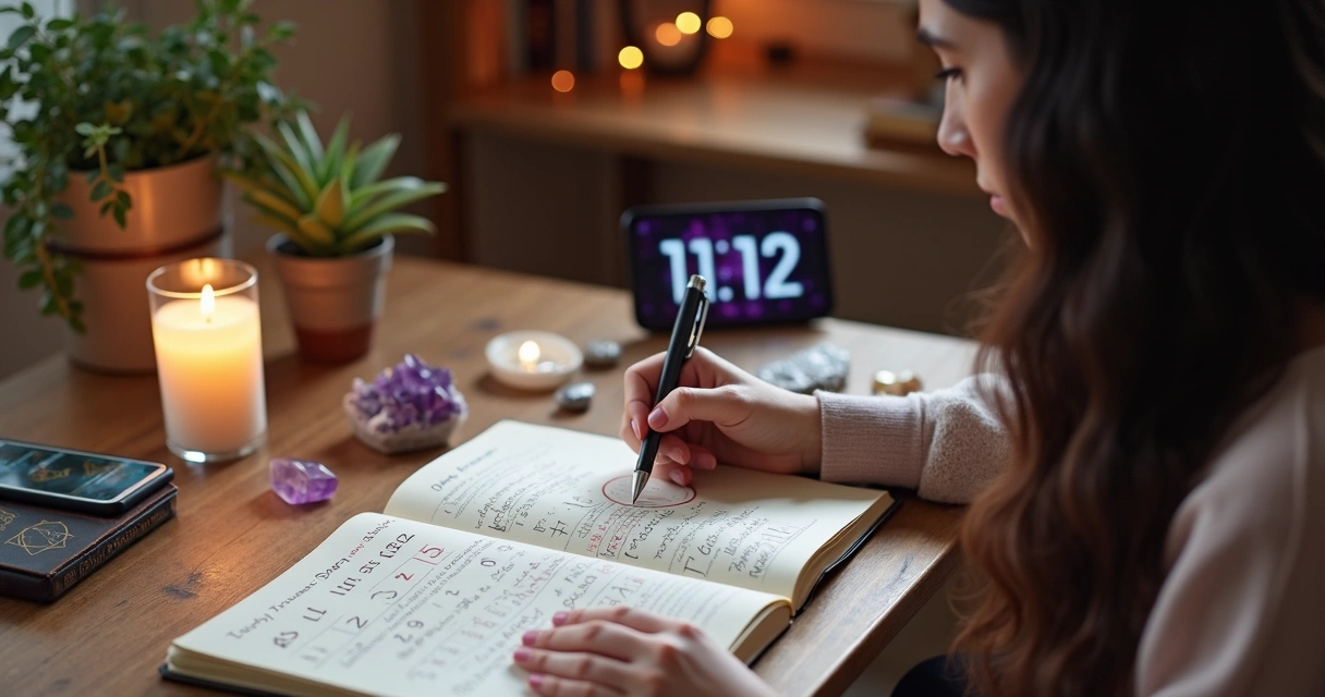 Mulher analisando números e padrões repetitivos em um caderno de numerologia