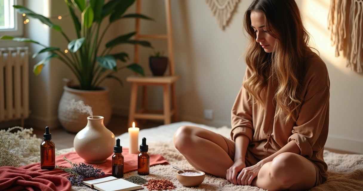 Mulher em momento de autocuidado com óleos essenciais e elementos ligados ao ciclo menstrual