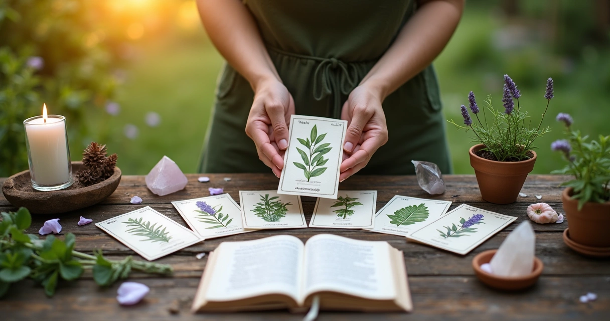 Tarot de plantas disposto em mesa de madeira ao lado de folhas e flores de jardim