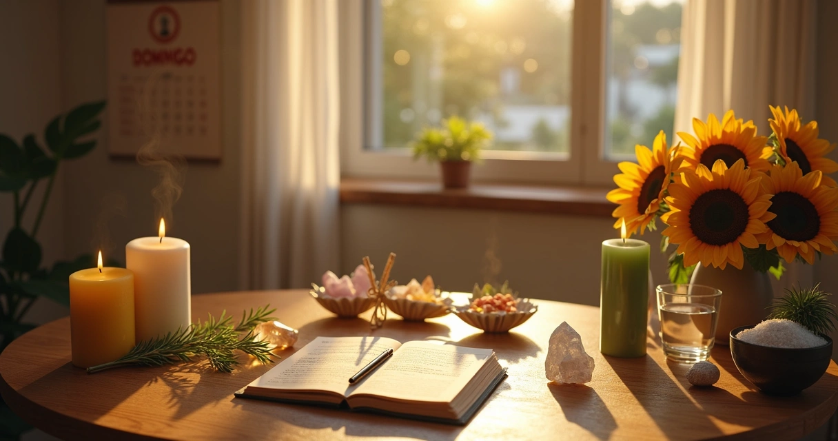 Altar esotérico iluminado pelo sol da manhã com velas, cristais e calendário marcando domingo