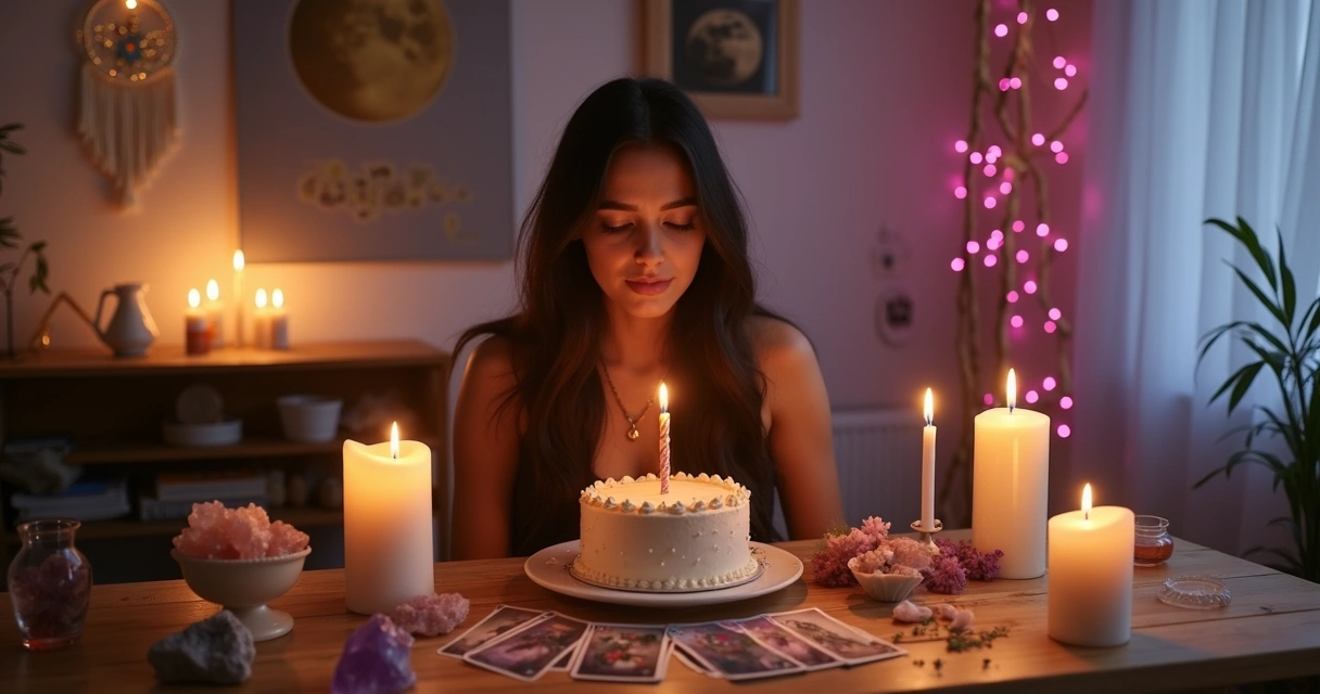 Mulher soprando vela em altar esotérico com cristais e cartas de tarô