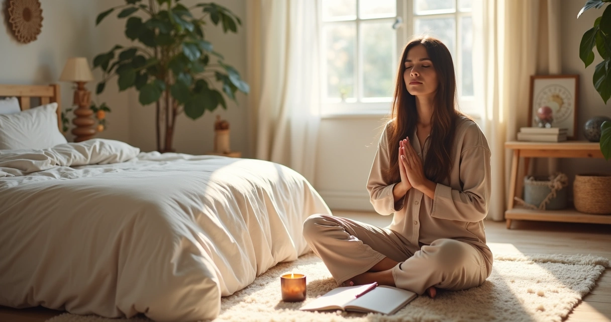 Mulher em meditação matinal com mãos em gesto de gratidão
