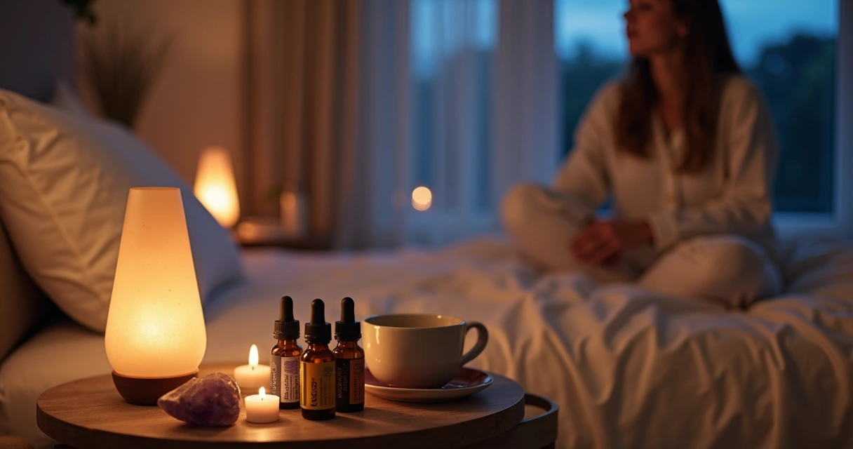 Mulher relaxando à noite em quarto escuro com óleos essenciais e velas acesas
