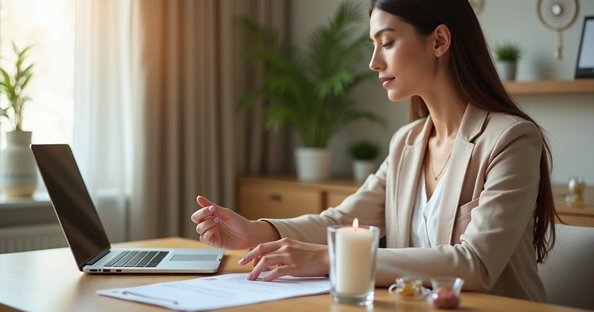 Mulher arrumada para entrevista de emprego fazendo pequeno ritual com vela e cristais ao lado de currículo