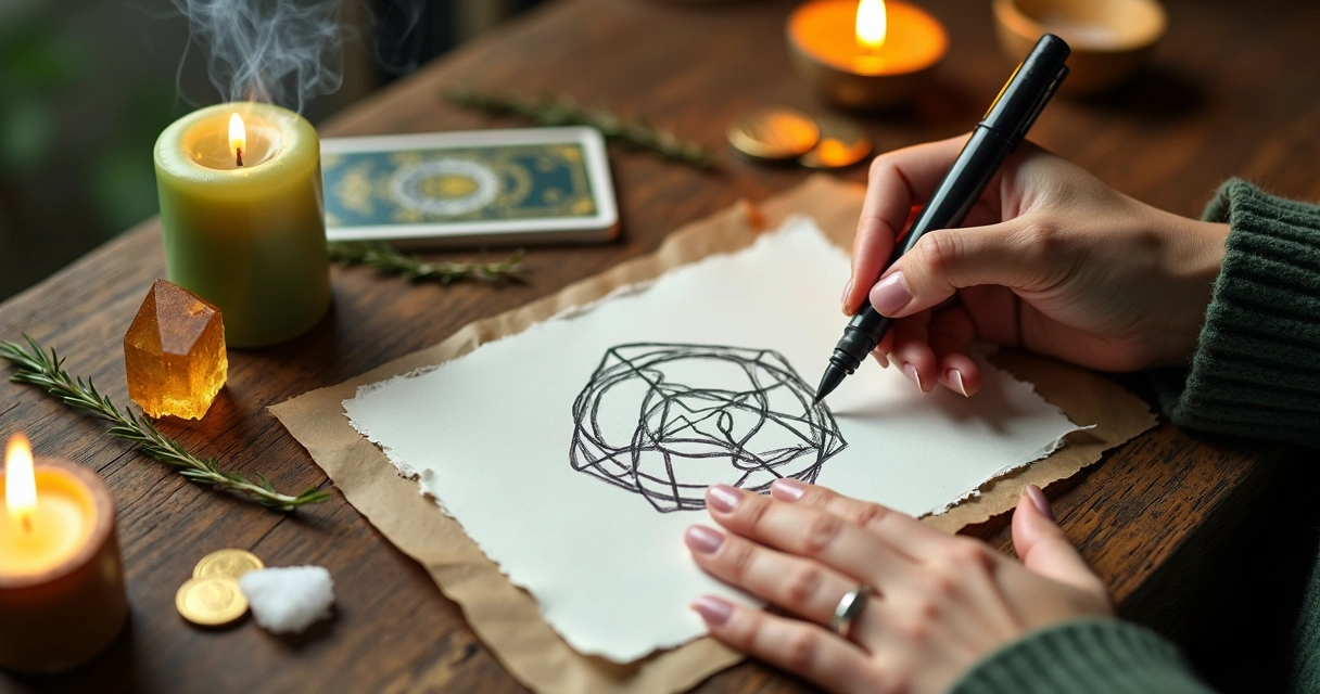 Mão desenhando sigilo de prosperidade em papel sobre altar místico