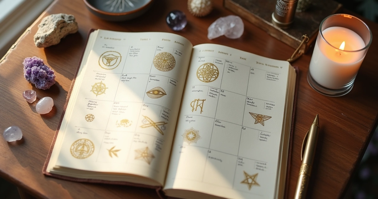 Agenda aberta com símbolos esotéricos de proteção desenhados nas páginas ao lado de cristal e caneta dourada