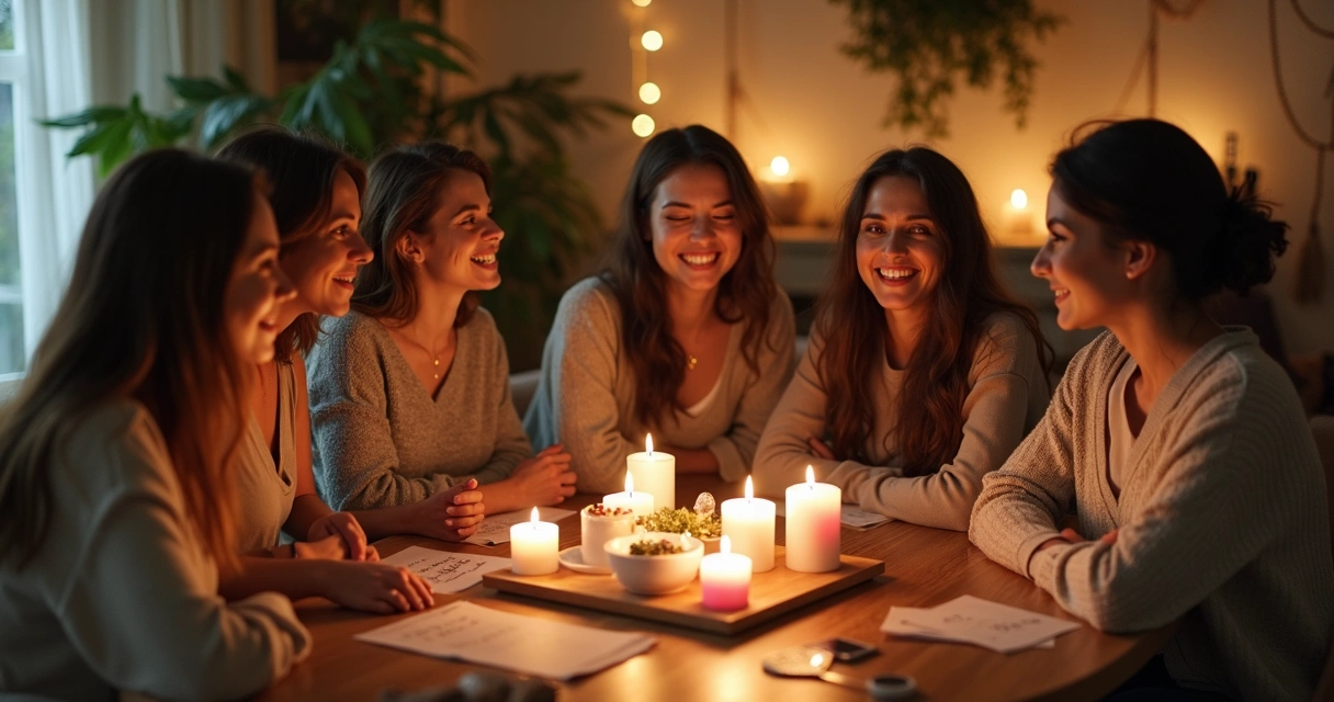 Grupo de mulheres jovens sorrindo unidas em ritual com velas acesas