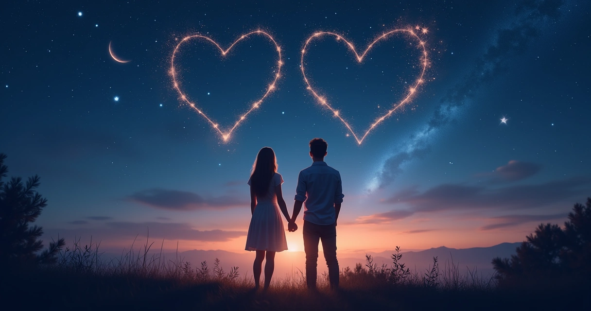 Casal de mãos dadas olhando para o céu estrelado com sinais de sincronicidade cósmica