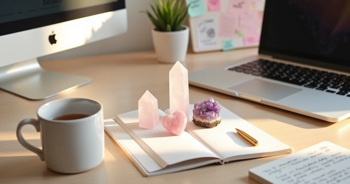 Talismãs de quartzo sobre mesa de trabalho organizada