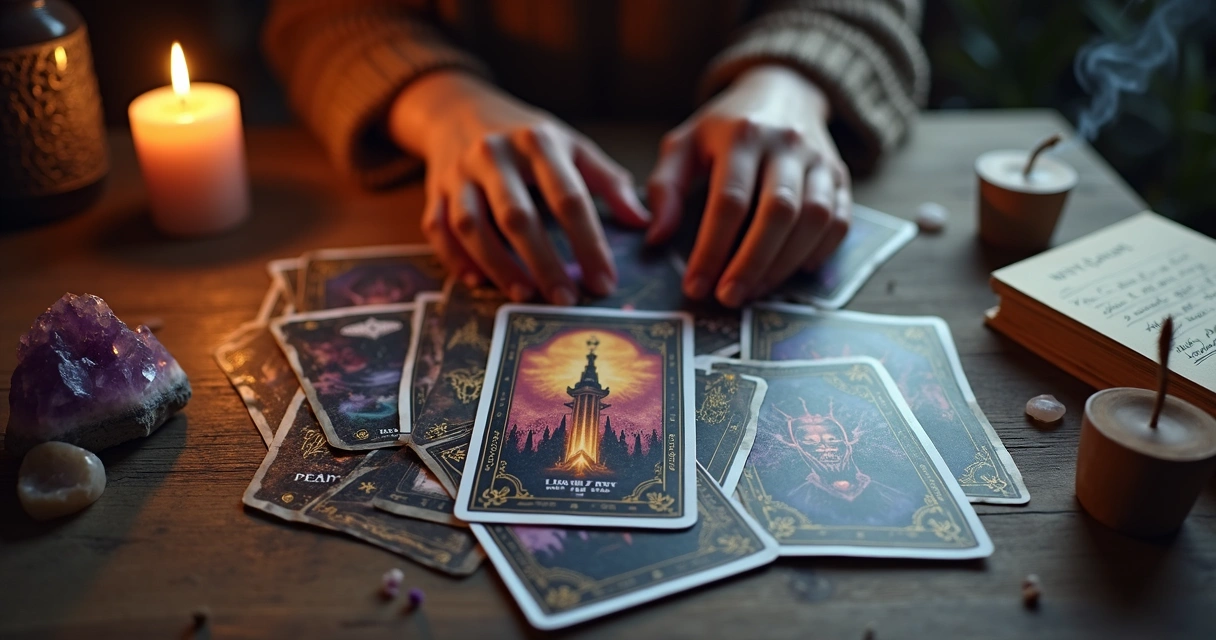 Mesa de tarot com cartas sombrias sendo iluminadas por uma luz suave de esperança