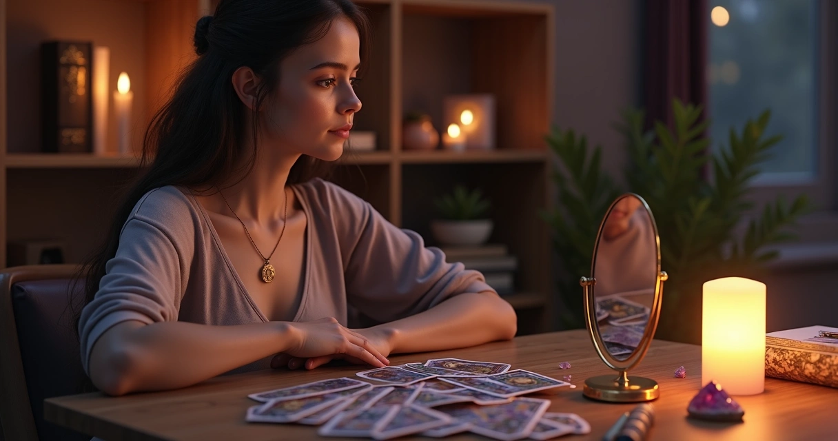 Mulher fazendo leitura de tarot sobre autoestima diante do espelho
