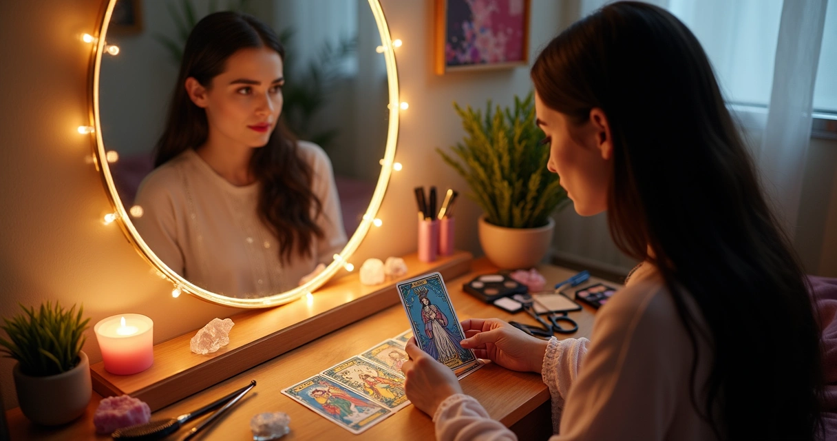 Mulher jovem escolhendo cartas de tarot para mudar o visual em frente ao espelho