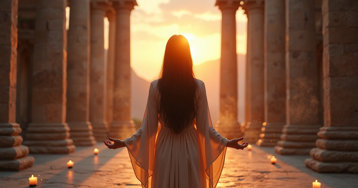 Mulher em viagem absorvendo energia protetora de um templo antigo