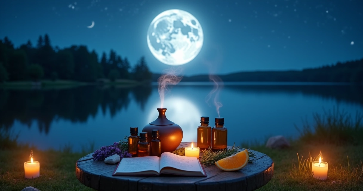 Altar com óleos essenciais e difusor em ritual sob noite de lua cheia