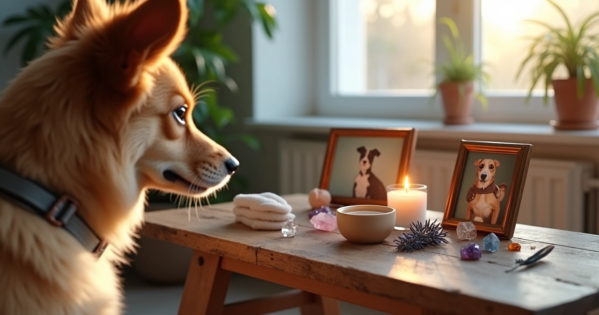 Altar esotérico para pets com fotos de animais, cristais e vela acesa