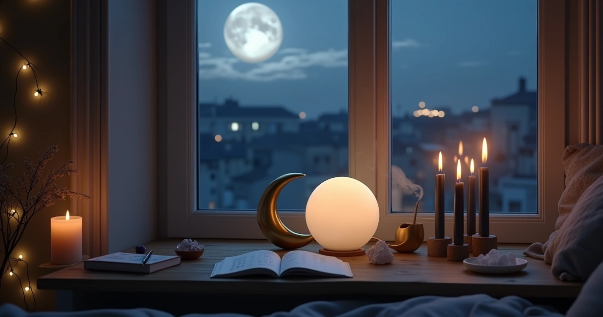 Altar lunar minimalista iluminado pela lua cheia em quarto escuro