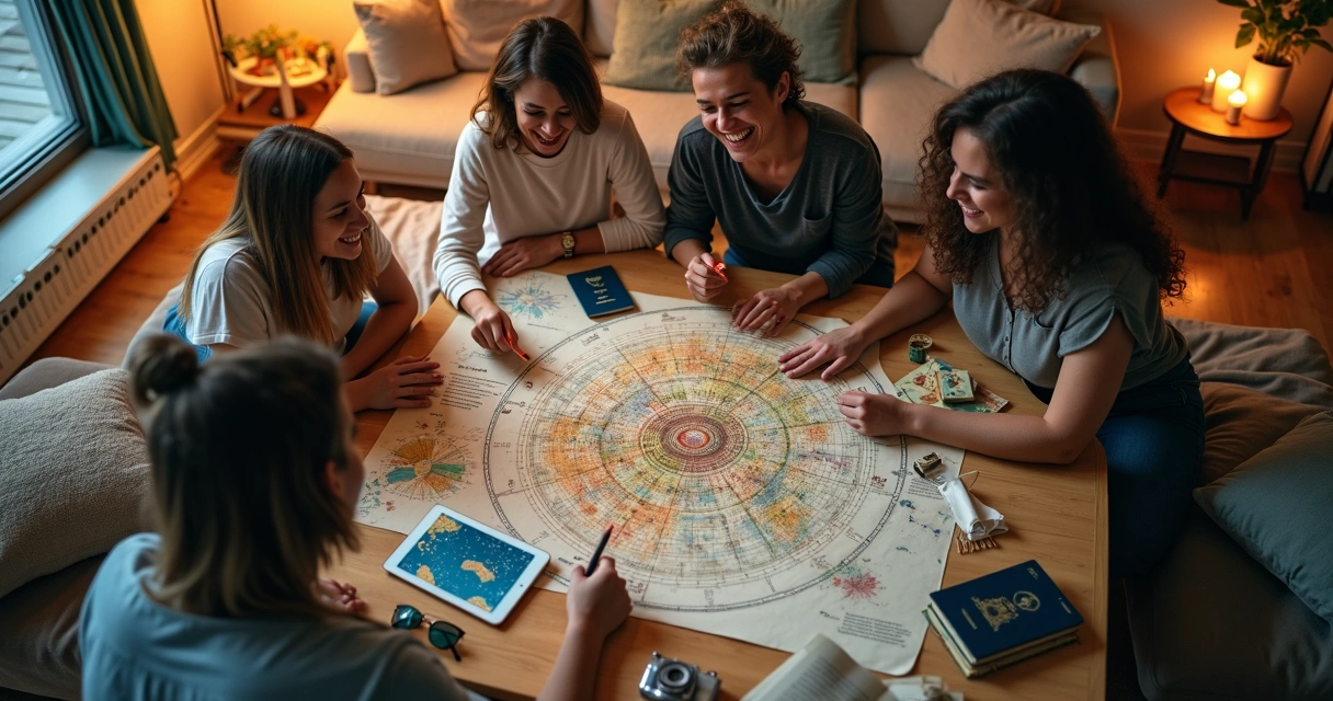 Grupo de amigas planejando viagem usando mapa astral aberto sobre mesa
