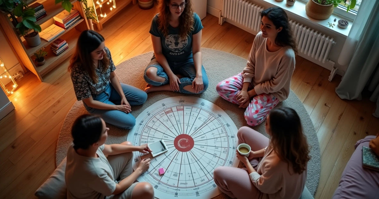 Grupo de amigas em círculo observando mapa astral no chão