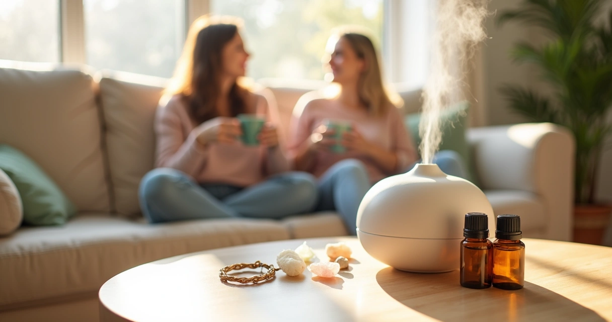 Difusor de aromaterapia com óleos e colares de amizade sobre mesa de madeira clara