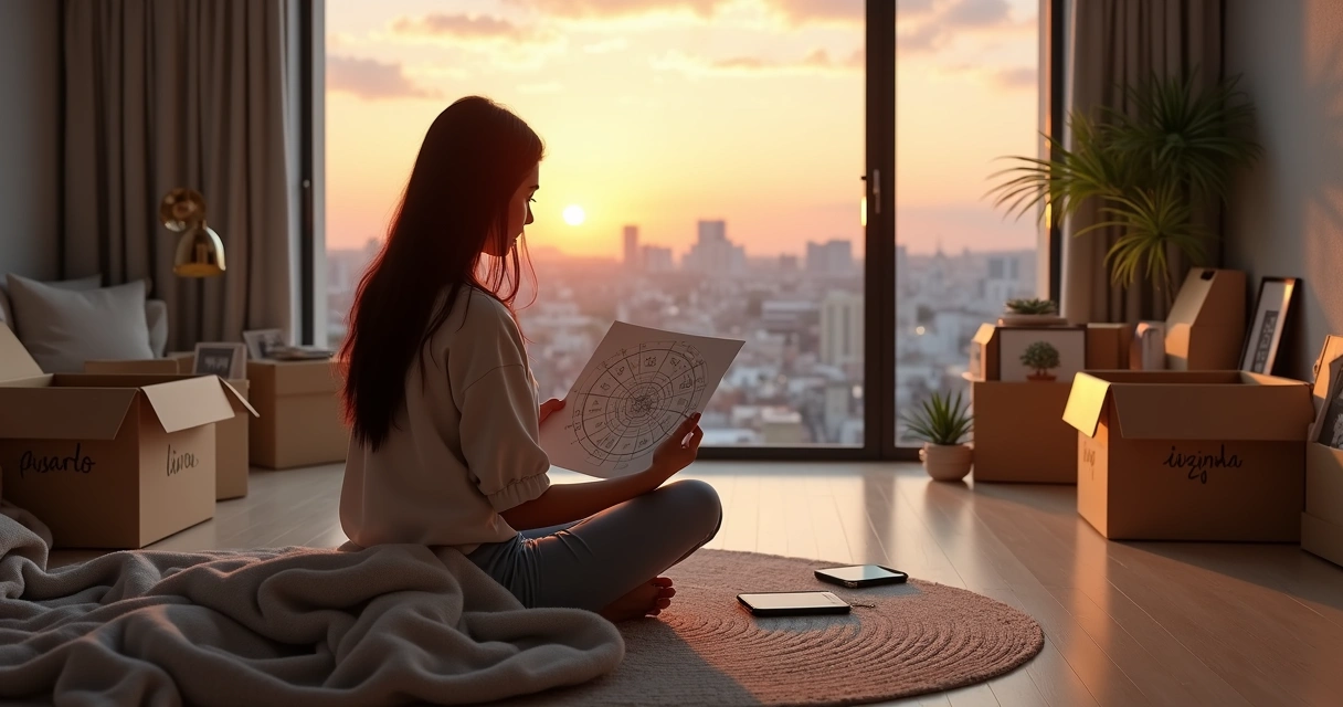 Mulher avaliando mapa astral diante de pilhas de caixas de mudança abertas