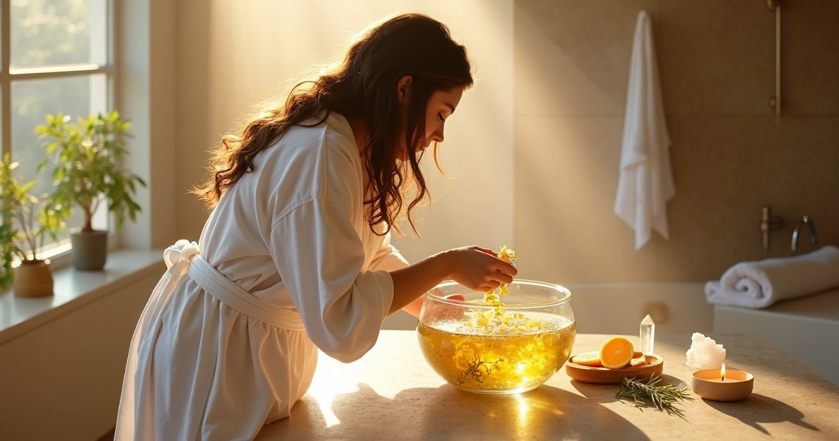 Mulher preparando banho energético em tigela de vidro sob luz de sol da manhã