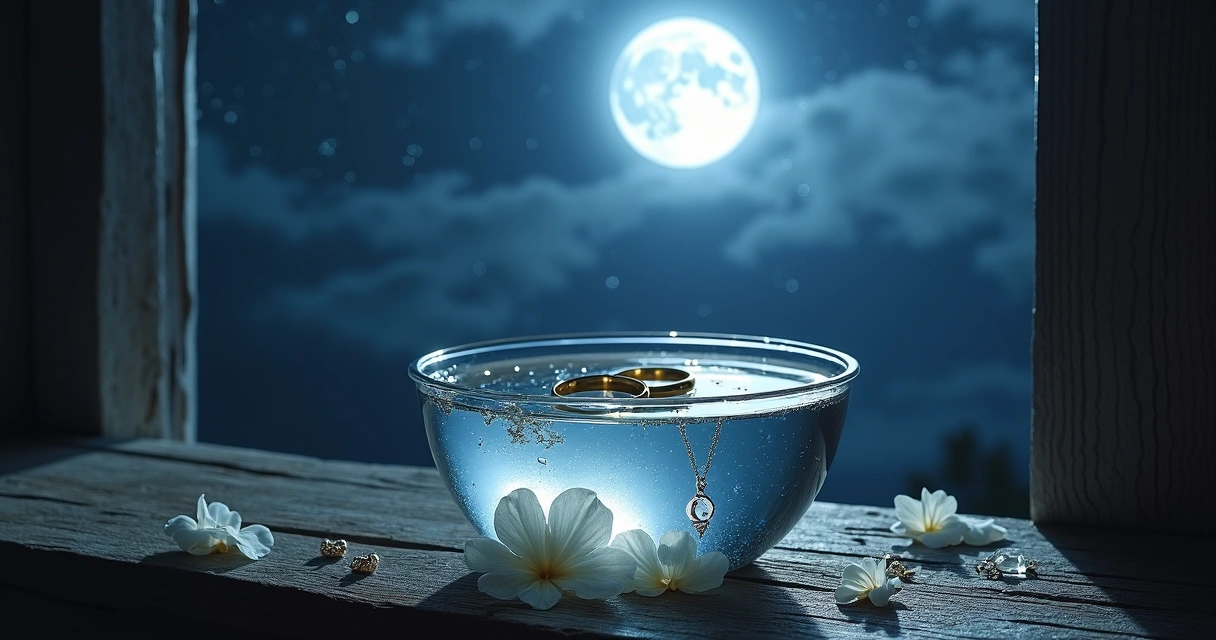 Alianças e joias em tigela com água sob luz da lua cheia