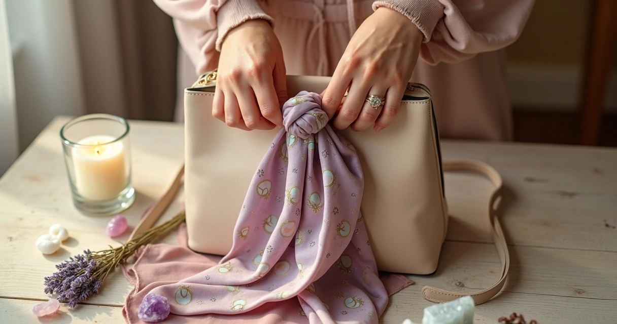 Bolsa feminina clara sobre mesa com lenço colorido em ritual de proteção energética